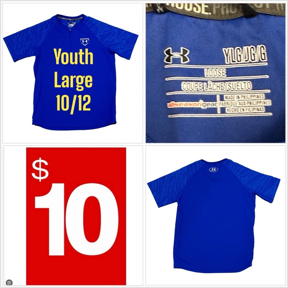 Boys Under Armour YL Large 10/12 Youth Pullover Short Sleeve Zip Royal Blue EUC